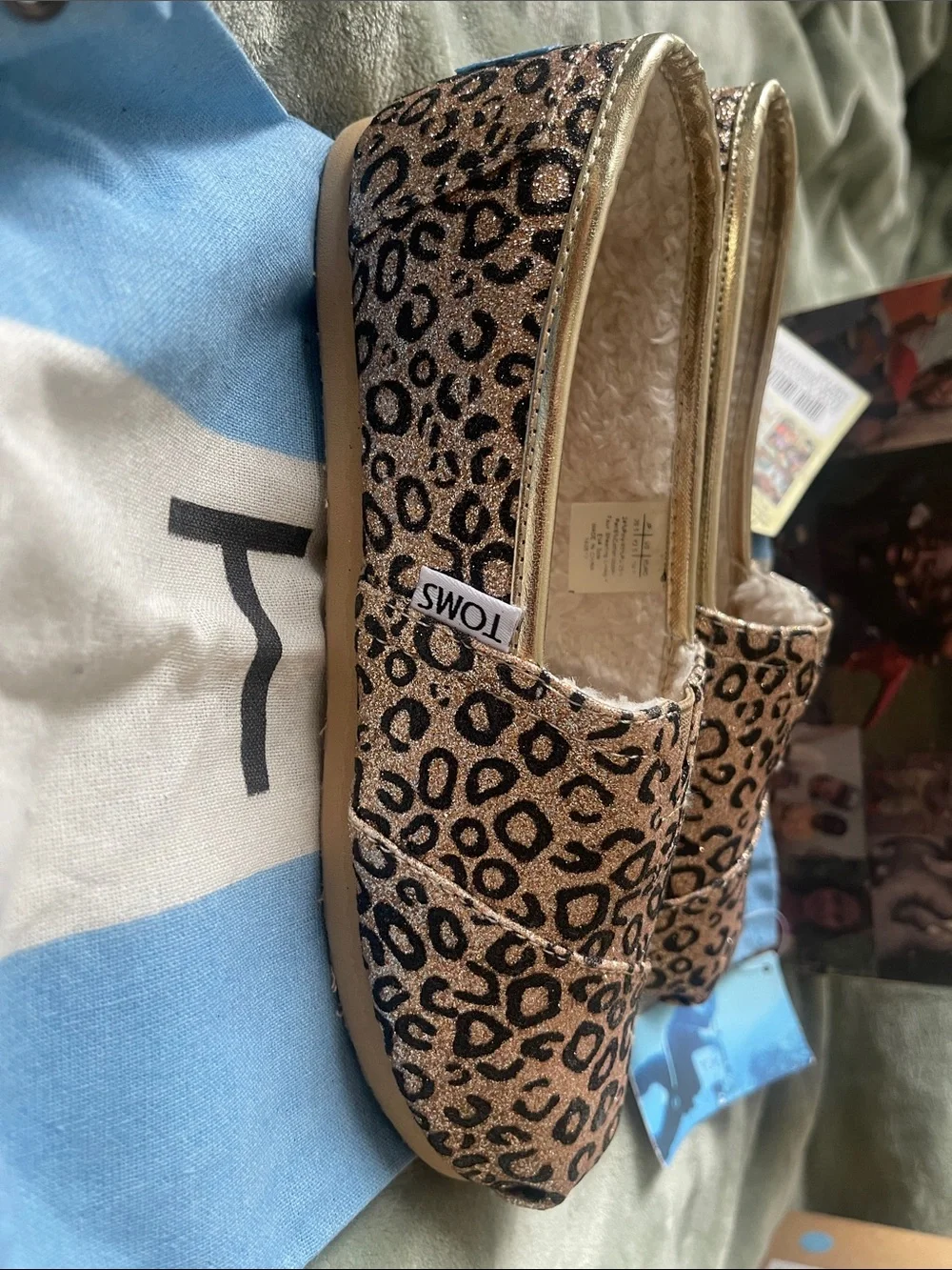 TOMS Kids Leopard Print Slip-On Moccasins - Tan and Black Glitter